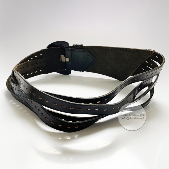 Vintage 80s Belt Wide Multi-Strap Black Leather by M Made in India #F20478